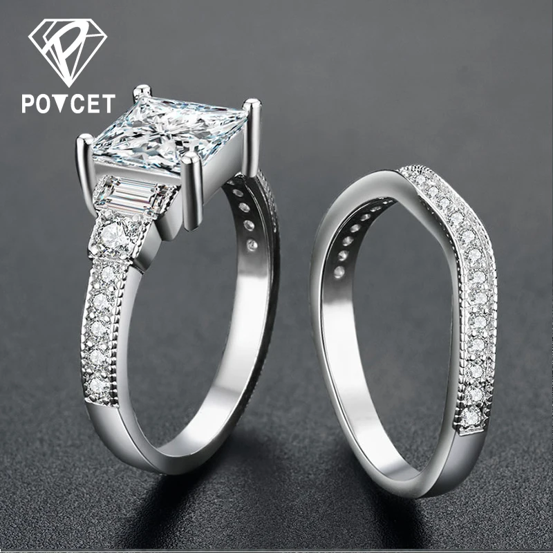 POTCET White Gold Color Rings for Women Wedding Geometric Square AAA Zircon Trendy Romantic Jewelry Bague Bijoux Size 6-10 R1124 | Украшения