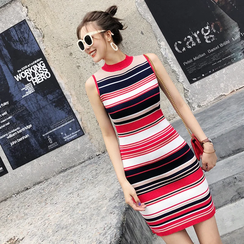 

Повседневное трикотажное Радужное платье-свитер в полоску с круглым вырезом облегающее пикантное элегантное платье-пуловер женское осенн...