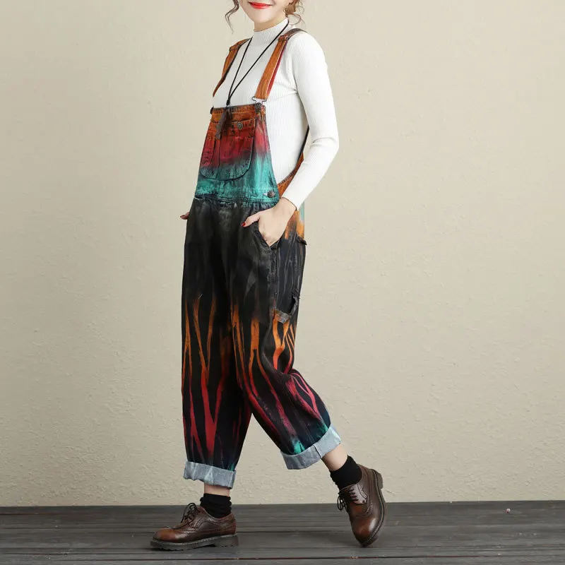 Женский винтажный комбинезон свободный джинсовый с принтом|denim jumpsuit|overall jumpsuitprint