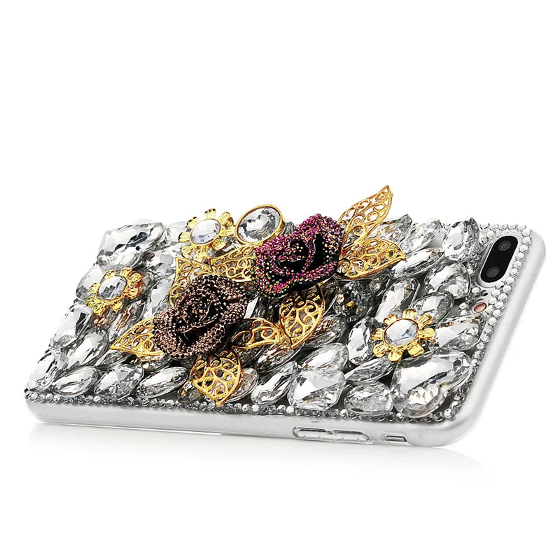 3D горный хрусталь чехол для iPhone X 6 S 7 8 плюс Золотая Роза Листья Bling С кристалалми и