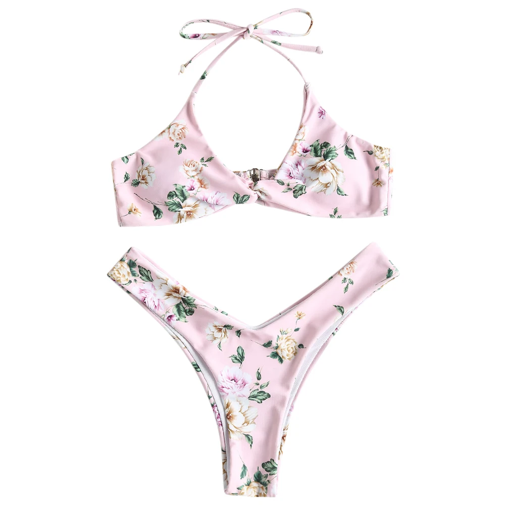 ZAFUL цветочный твист спереди Бикини Push Up сексуальный купальник с трусиками
