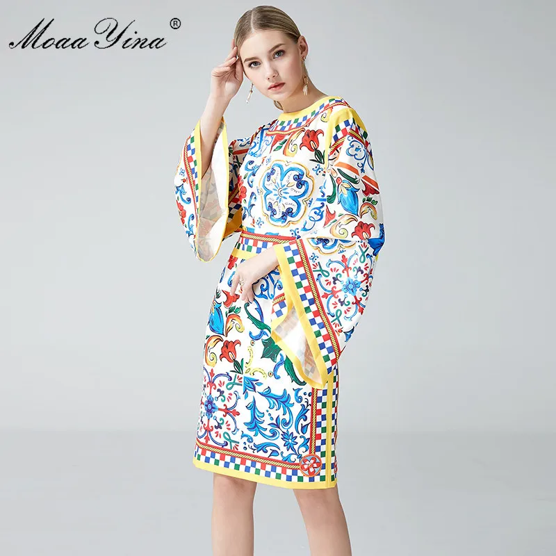 MoaaYina High Quality 2018 Fashion Summer Women Dress Round Collar Batwing Sleeve Package hip Plaid Floral Print Vintage | Женская