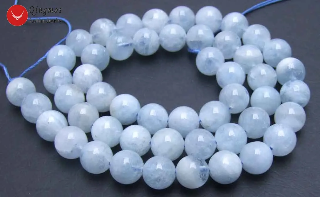 Qingmos Genuine 5-6mm Round Natural Blue Aquamarines Stone Beads for Jewelry Making Necklace Bracelet Loose Strand 15&quot-los152 |