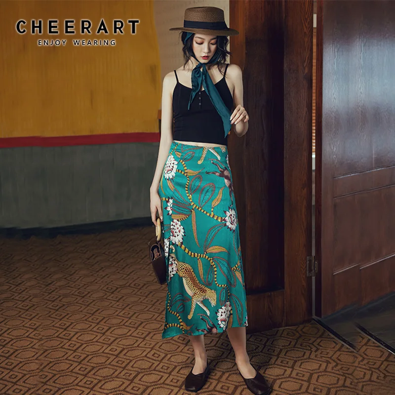 Cheerart, Длинная женская юбка с запахом, цветочный принт, высокая талия, винтажная, трапециевидная, для девушек, летняя юбка,, зеленая, облегающая юбка