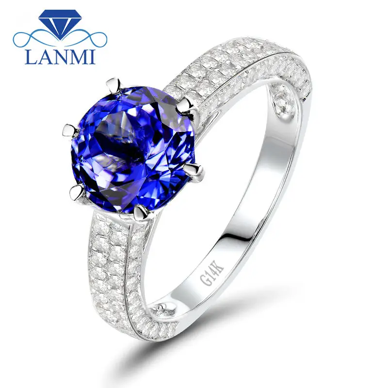 Женское кольцо с натуральным танзанитом из белого золота 14 к бриллиантом круглой