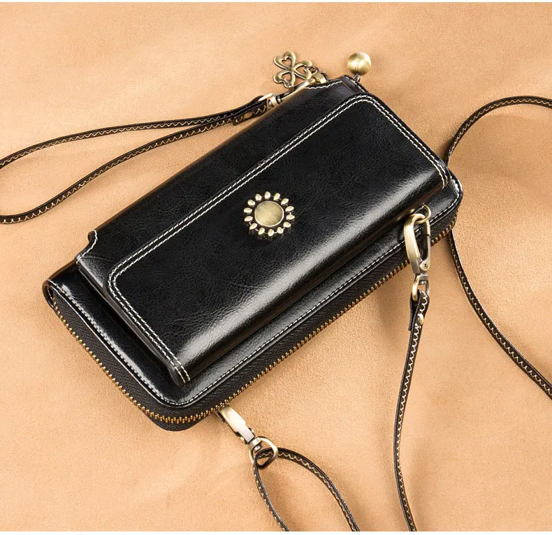 Vintage Oil Wax Leather Women Wallets Long Zippers Purse Genuine Leather Wallet Female Clutch Multifunction Big Capacity Wallet