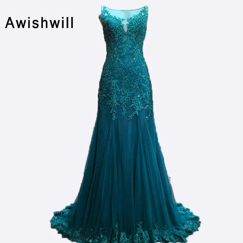 Новая мода Прозрачная Кружевная Апликация длинный Тюль Vestido de Formatura вечерние