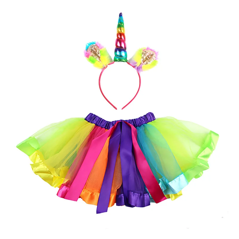Rainbow C 2 шт./компл. От 0 до 8 лет Одежда для маленьких девочек; юбки-пачки «Единорог», милая детская мягкая юбка из фатина+ головная повязка с отделкой "Цветок" пышная Радужная юбка-американка - Цвет: Rainbow C