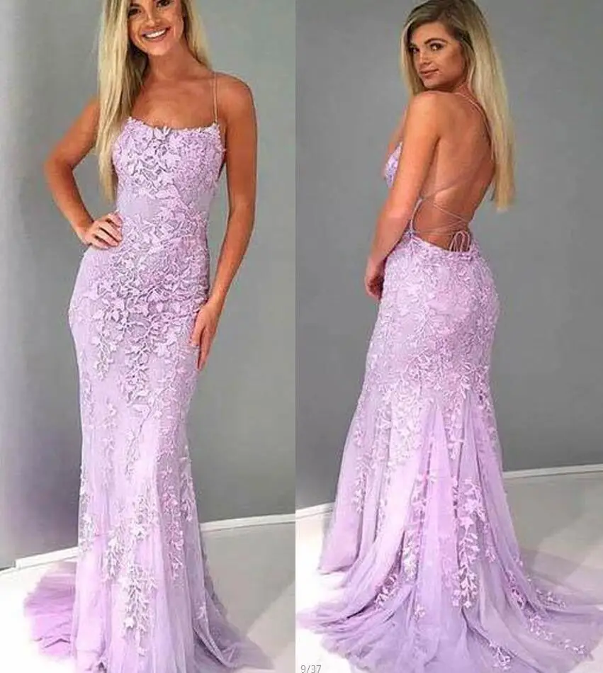 lilac Стиль Спагетти ремень без спинки Пышное торжественное платье сиреневое кружево аппликации Небесно голубая Русалка Выпускные платья по индивидуальному заказу - Цвет: lilac