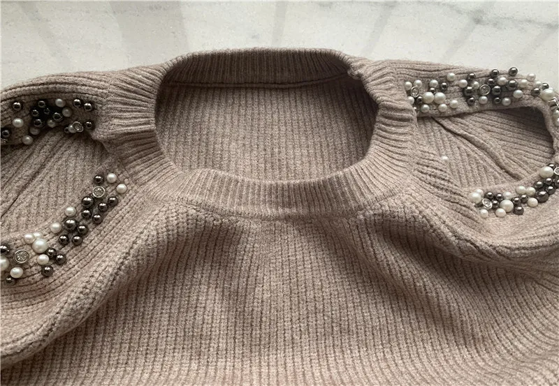 FORERUN 2 Piece Skirt Set Pearl Beading Knitted Sweater Top and Skirt Set Streetwear Cold Shoulder Sleeve Two Piece Outfits