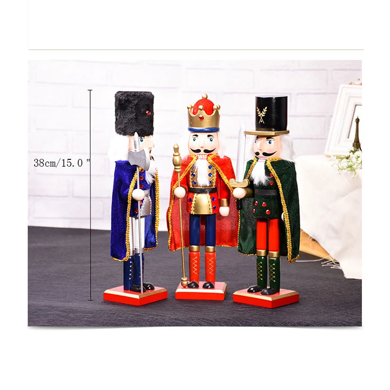 

38cm Creative Wooden Nutcracker Puppet Decor Nutcracker Soldier with Cloak Figurines Home Desktop Crafts Ornament Birthday Gifts