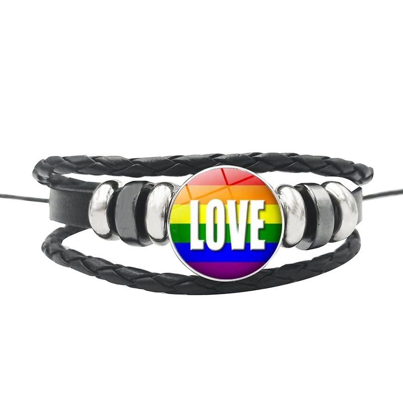 Новый Браслет-Оберег Радуга Гей Лесбиянка Гордость Стекло Кожаный Застежка-Кнопка Браслеты ЛГБТ Гомосексуальные Любовные Украшения Аксессуары