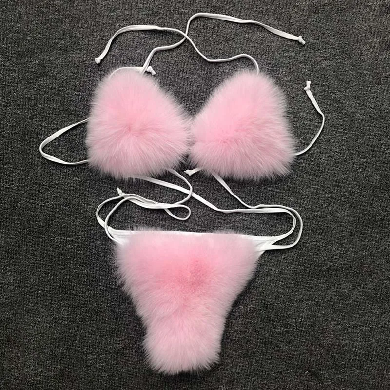 Pink Новинка, Модный женский бюстгальтер бикини из натурального Лисьего меха, летнее пляжное нижнее белье, съемный Толстый Пушистый комплект бикини из натурального меха S7549 - Цвет: Pink