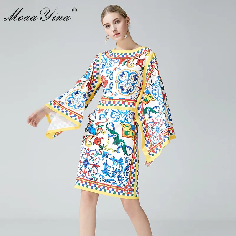 MoaaYina High Quality 2018 Fashion Summer Women Dress Round Collar Batwing Sleeve Package hip Plaid Floral Print Vintage | Женская