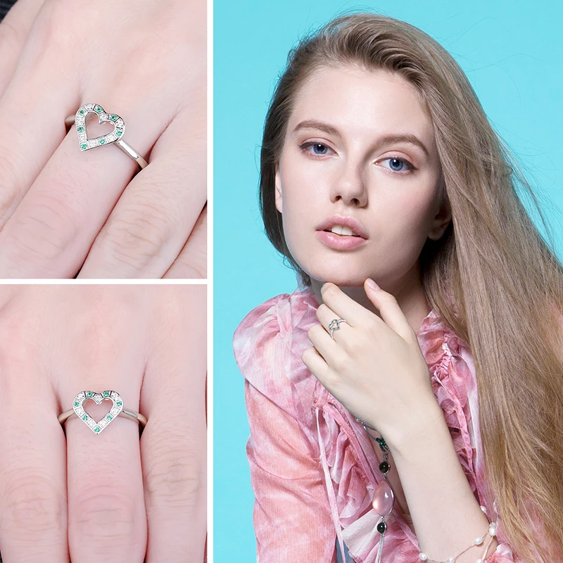Ювелирный дворец 0.05ct нано русский имитация изумруда сердце кольцо 925 пробы серебро для женщин