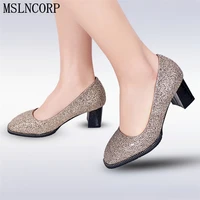 plus size 34 44 spring autumn bling women pumps glitter fashion high heeled shoes square toe thick heel sexy wedding party shoes