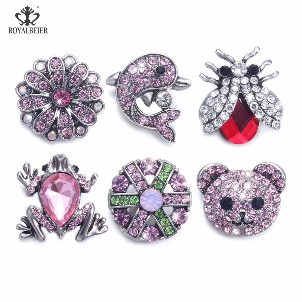 

6pcs/lot Multi Color Rhinestone Flower Metal Charms 18mm Snap Button For 20mm Snap Bracelet Snap Button Metal Decorative