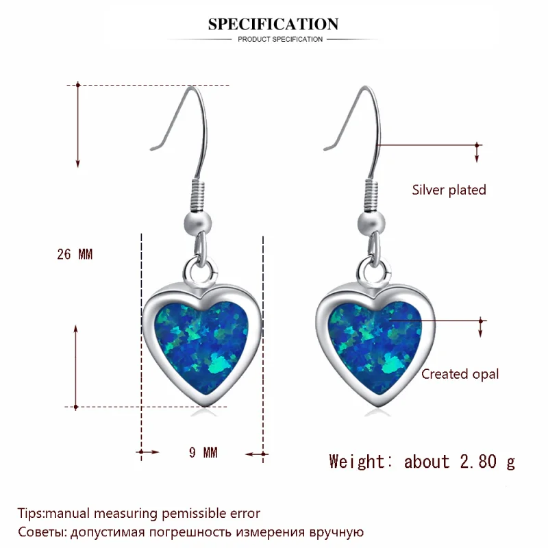 Anniversary Fire Blue opal heart shape drop Earrings 925 sterling silver jewelry for girl SE006A | Украшения и аксессуары
