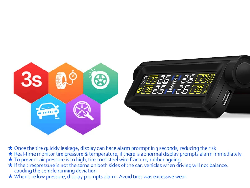 T680-WI Солнечный TPMS автомобильных шин Давление сигнализации Монитор Системы Дисплей 4 внешних Сенсор Температура Предупреждение