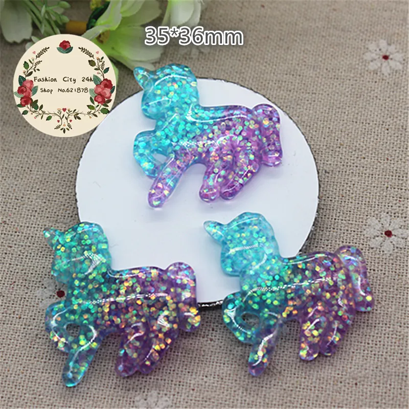 10 шт. Kawaii Мультфильм Единорог синий и фиолетовый блеск резиновые кабошоны из