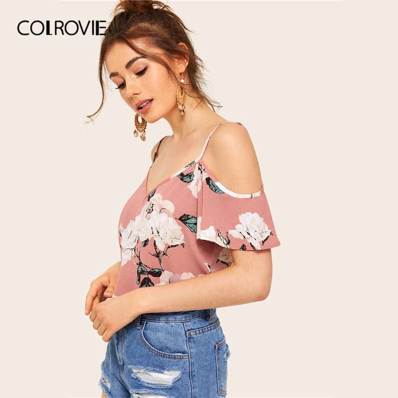 Женская блузка на бретельках COLROVIE розовая с цветочным принтом и открытыми