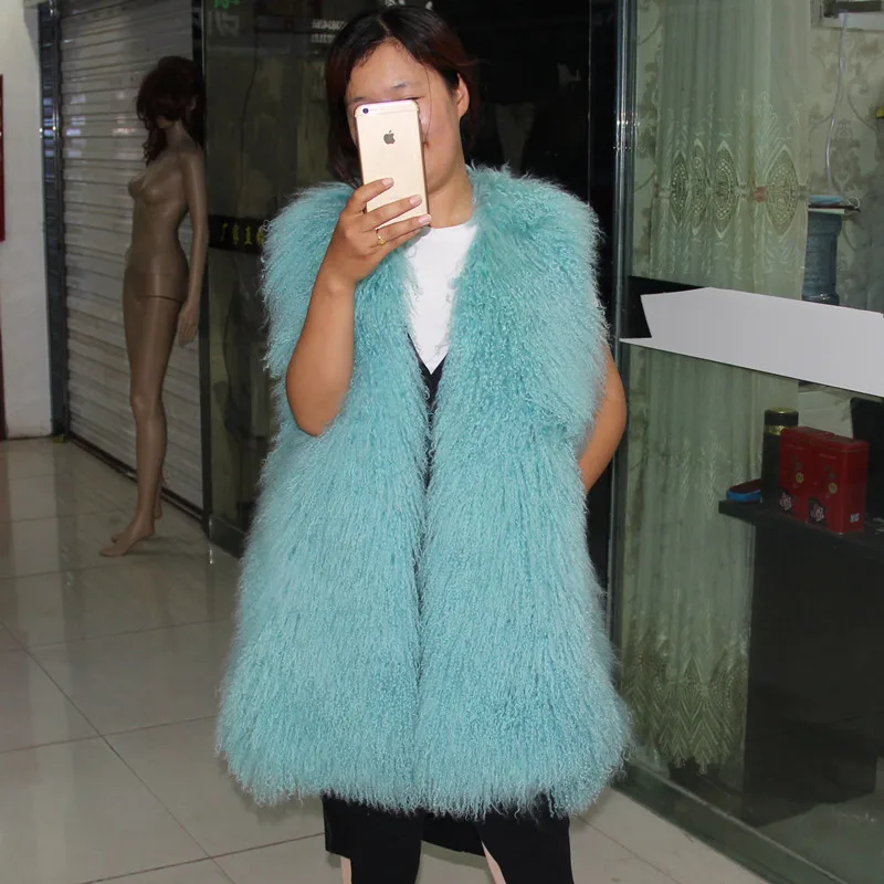 Женский Длинный жилет из монгольской овцы облегающая теплая куртка большого