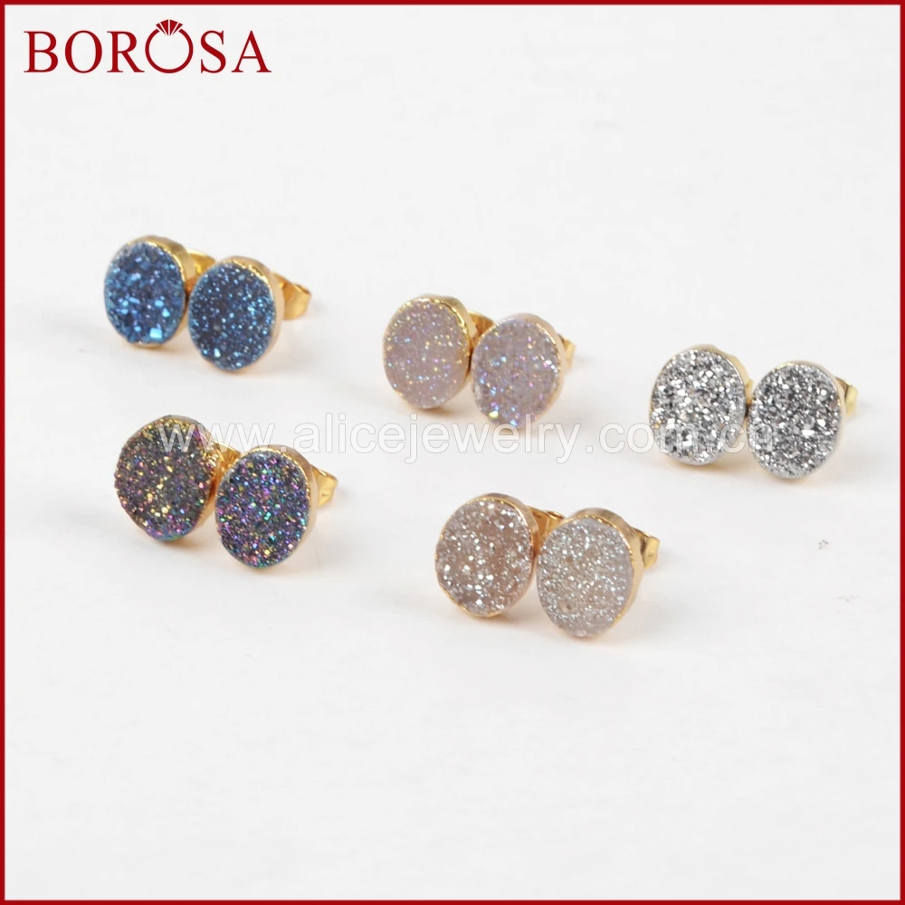 Модные серьги гвоздики BOROSA из настоящего камня овальные золотого цвета с