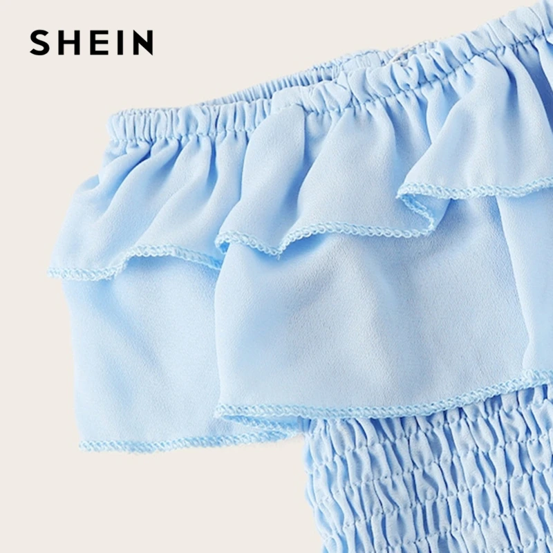 SHEIN Kiddie/футболка с оборками на плечах и шорты в полоску с поясом, комплекты года, летний праздничный пляжный костюм в стиле бохо