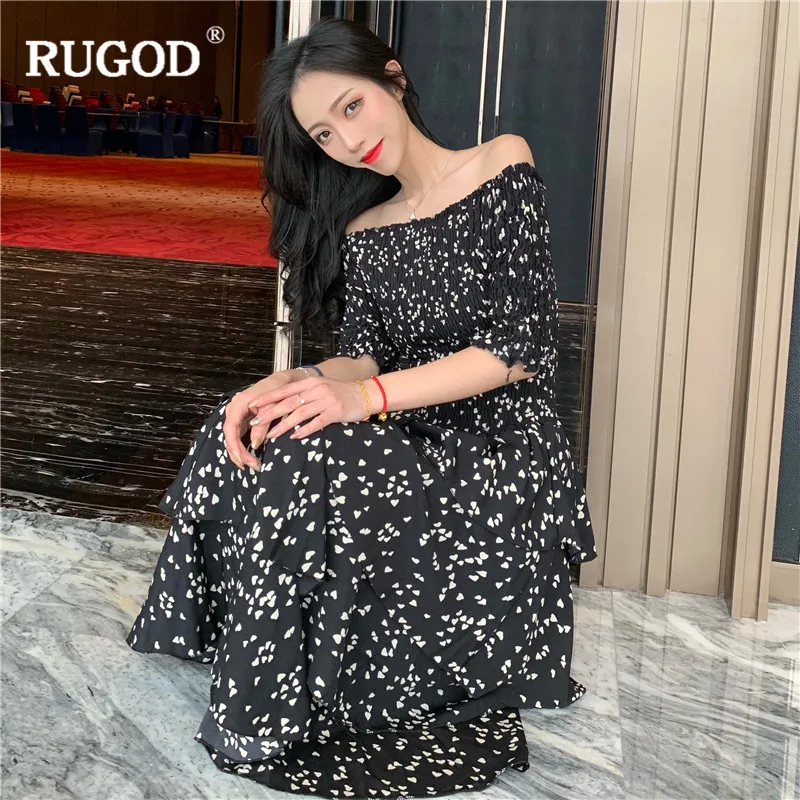 RUGOD Пятнистое женское платье до середины голени элегантное платье с вырезом лодочкой и каскадными оборками modis femme vestido verano sukienki