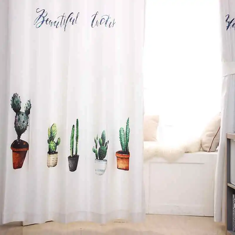 1pc 100% Polyester Curtains For Living Room Semi-shaded Curtain Leisure Children's Style White Cactus Pattern | Дом и сад