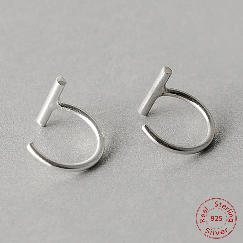 

New 925 Sterling Silver Punk Earrings Simple Earrings Senior T -Bar Earring Girl Woman Jewelry Ear