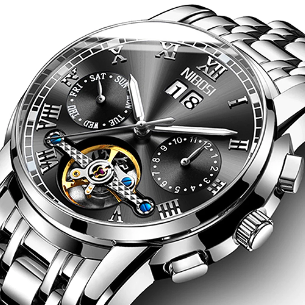 NIBOSI мужские часы лучший бренд роскошные полностью стальные автоматические