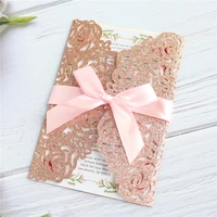 rose gold invitations glittery wedding birthday greeting cards lace decorating customizable printing 50pcs