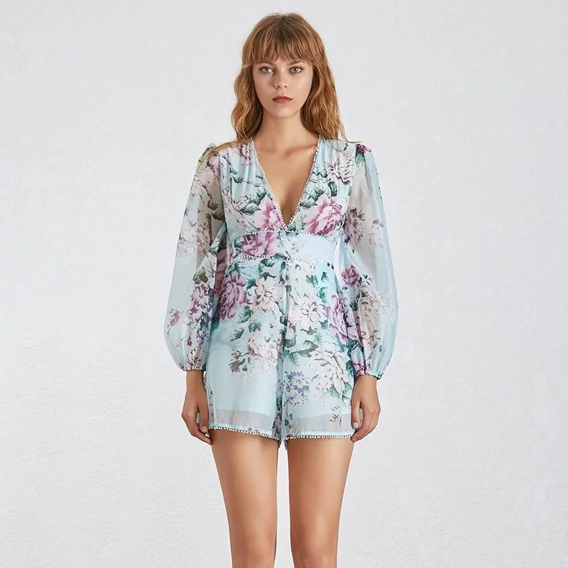 TWOTWINSTYLE Summer Print Playsuit For Women V Neck Lantern Sleeve High Waist Slim Shorts Female Fashion Casual New - Цвет: blue