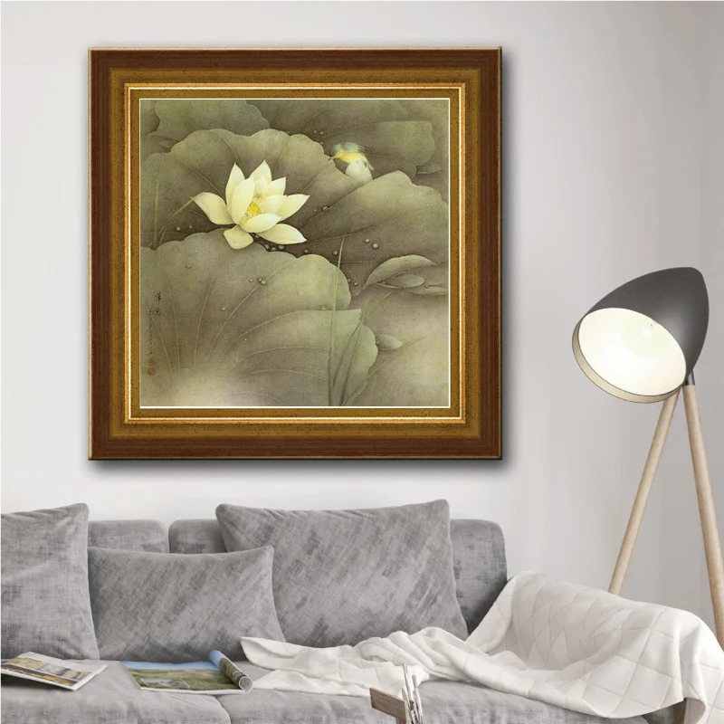 Белый цветок лотоса в китайском стиле птица Ночной пейзаж печать на холсте