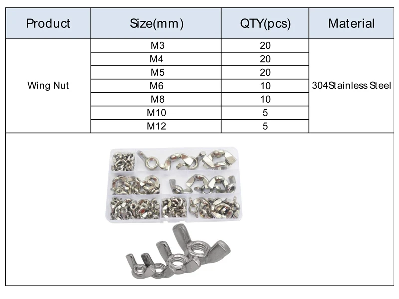 

304 Stainless Steel Butterfly Metric Threaded Wing Nuts Set Assortment Kit Box M3 M4 M5 M6 M8 M10 M12