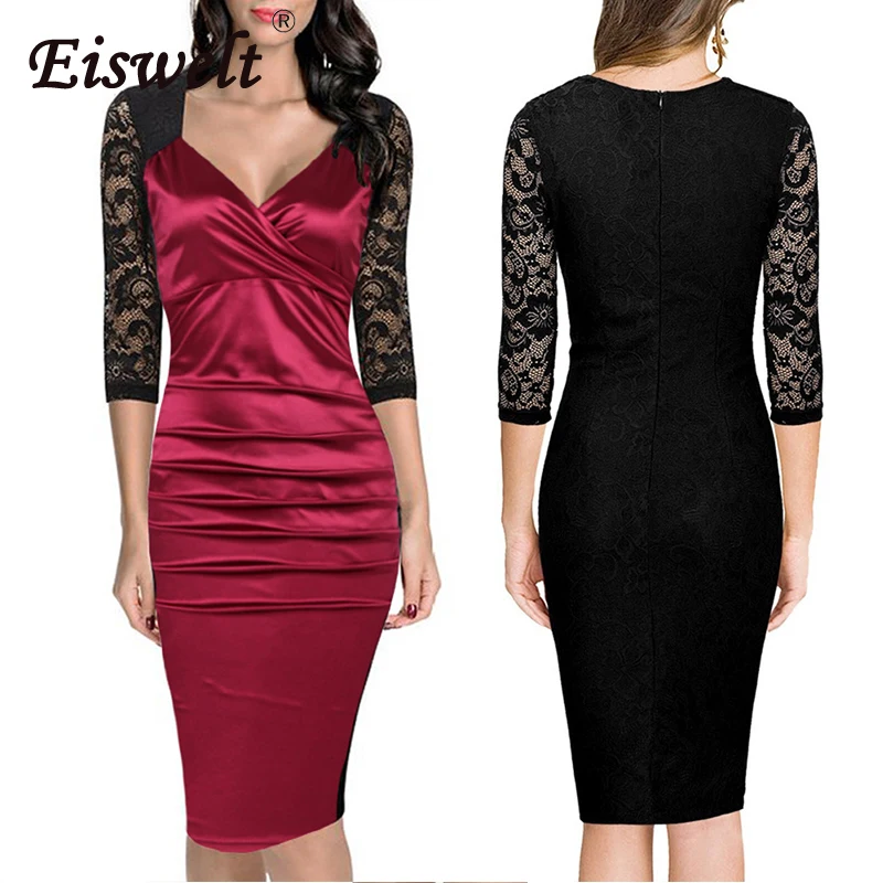 EISWELT Summer Dress Women New Robe Femme Sexy Sheer Lace Pencil Patchwork Knee Length Bodycon Evening Party Black | Женская одежда