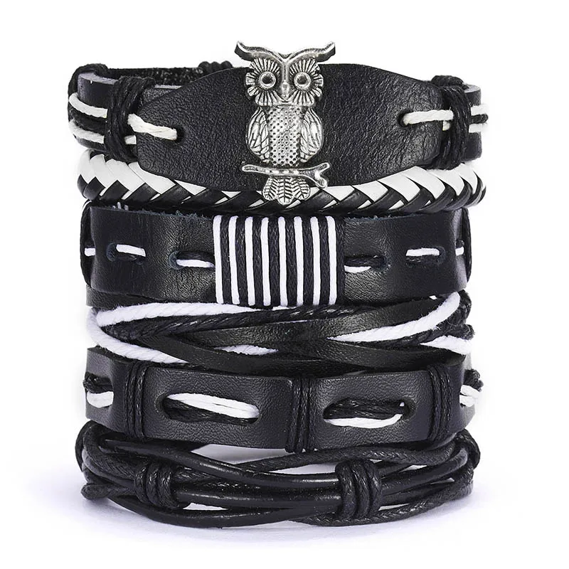 owl Мужские браслеты, винтажные Многослойные Кожаные плетеные браслеты, браслеты в форме листа звезды, совы, ручная работа, веревочные браслеты, мужские Подарочные ювелирные изделия - Окраска металла: owl