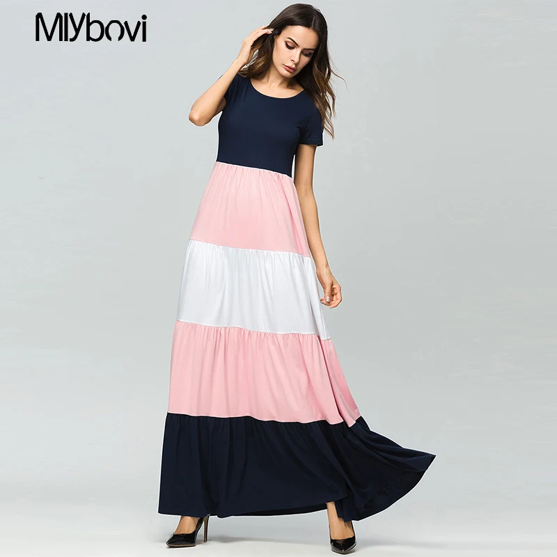 Лоскутные stripes Розовый Макси платья Женский Весна 2018 с коротким рукавом мода