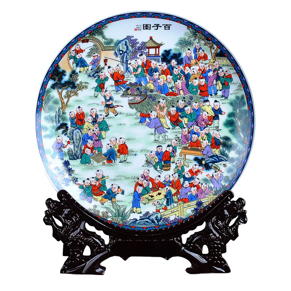 

A Hundred Playing Children Ceramic Ornamental Plate Chinese Decoration Plate Wood Base Porcelain Plate Set Wedding Gift