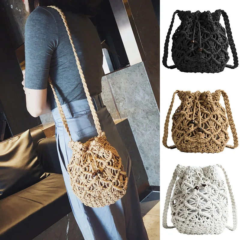 

Hot Selling Women Drawstring Bucket Bag Straw Shoulder Summer Beach Woven PU Bags -B5