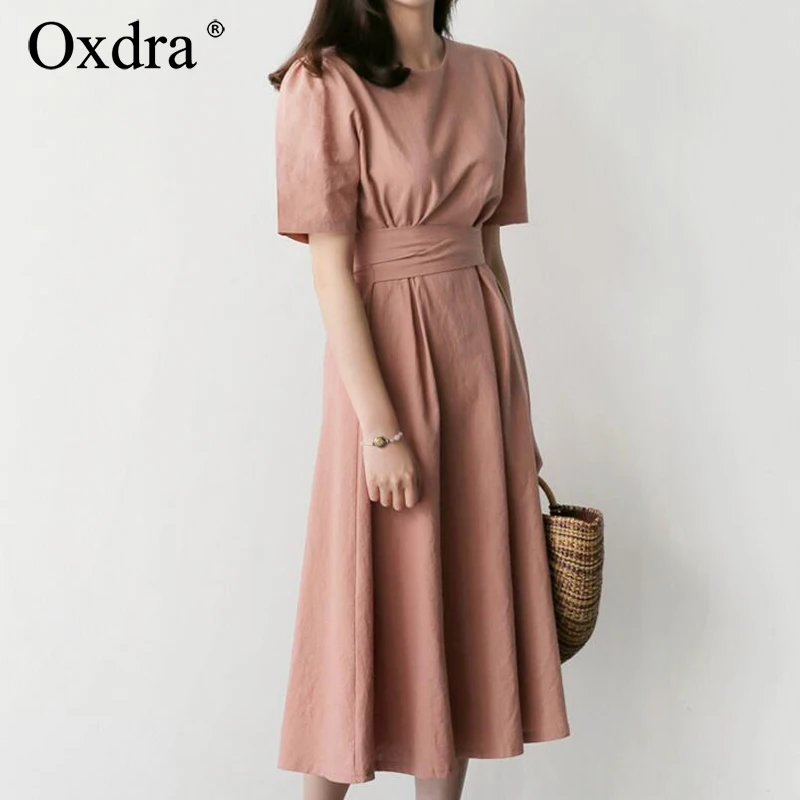 Oxdra однотонное длинное платье Normcore женское с высокой талией и коротким рукавом