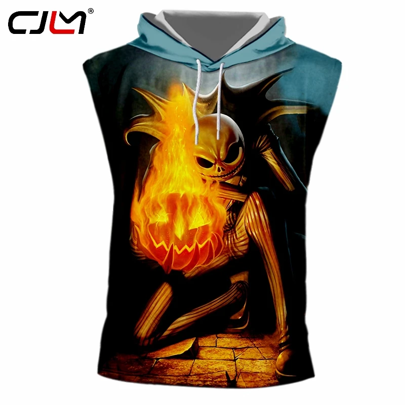 

CJLM Fashion Mask Man Hooded Tank Top 3D Flame Pumpkin Funny Streetwear Mens Vest Horror Halloween Oversized TankTop