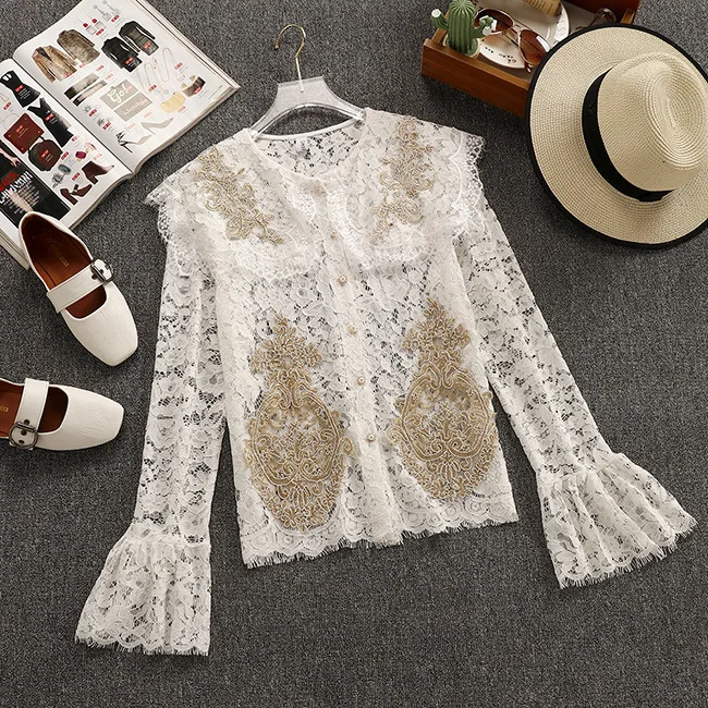 2019 Spring New Fairy Hollowed Peter Pan Collar White Lace Women Shirts Flare Sleeve Full Sleeves Tops For Free Shipping |