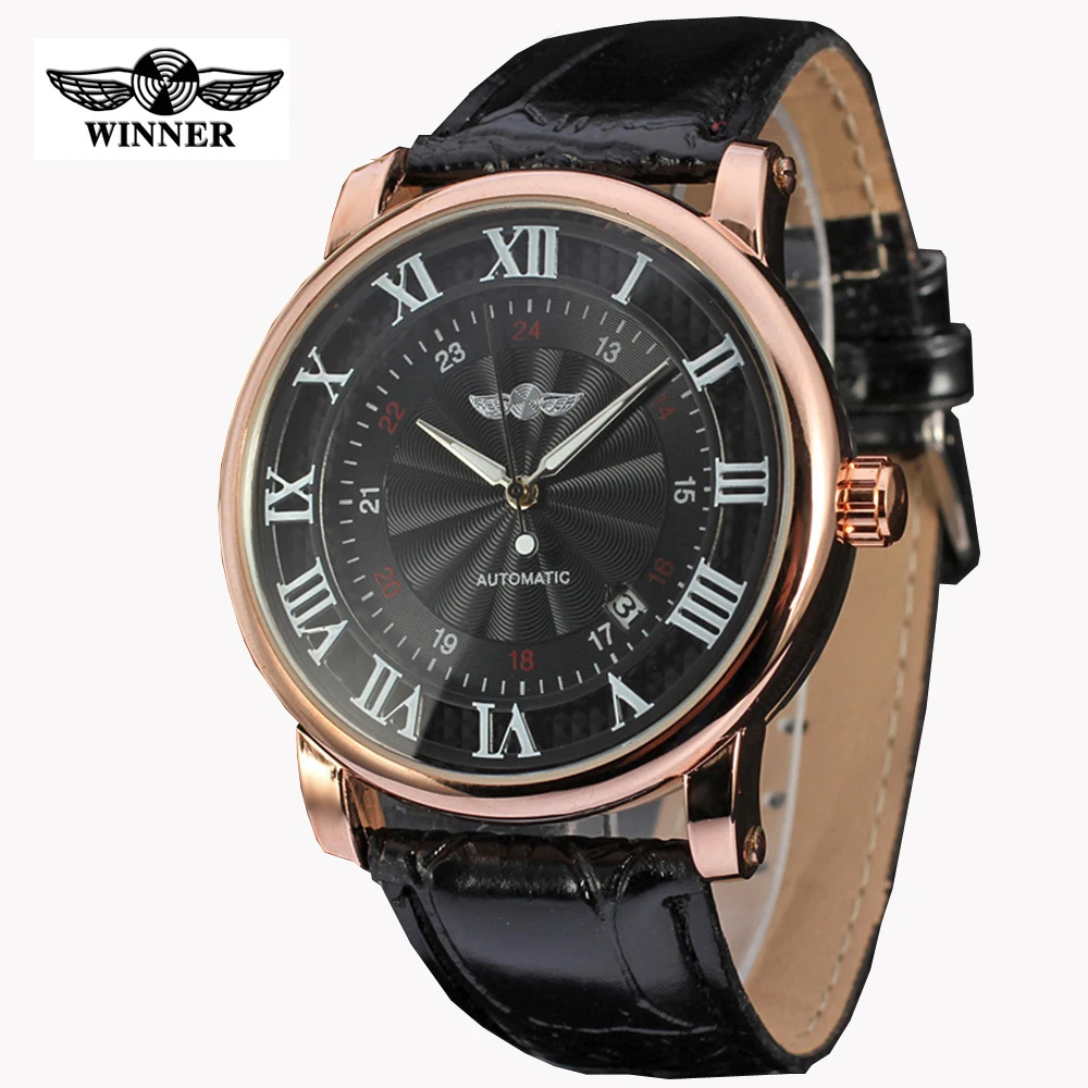 

WINNER Watches Classic Mens AUTO Date automatic Mechanical Watch Self-Winding Analog Skeleton Brown Leather Man Wristwatch