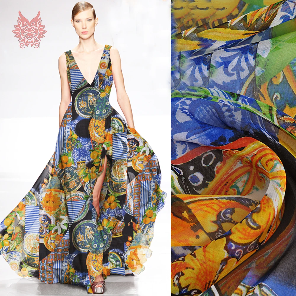 Американский стиль пасторальный принт 100% натуральный шелк шифон ткань одежда