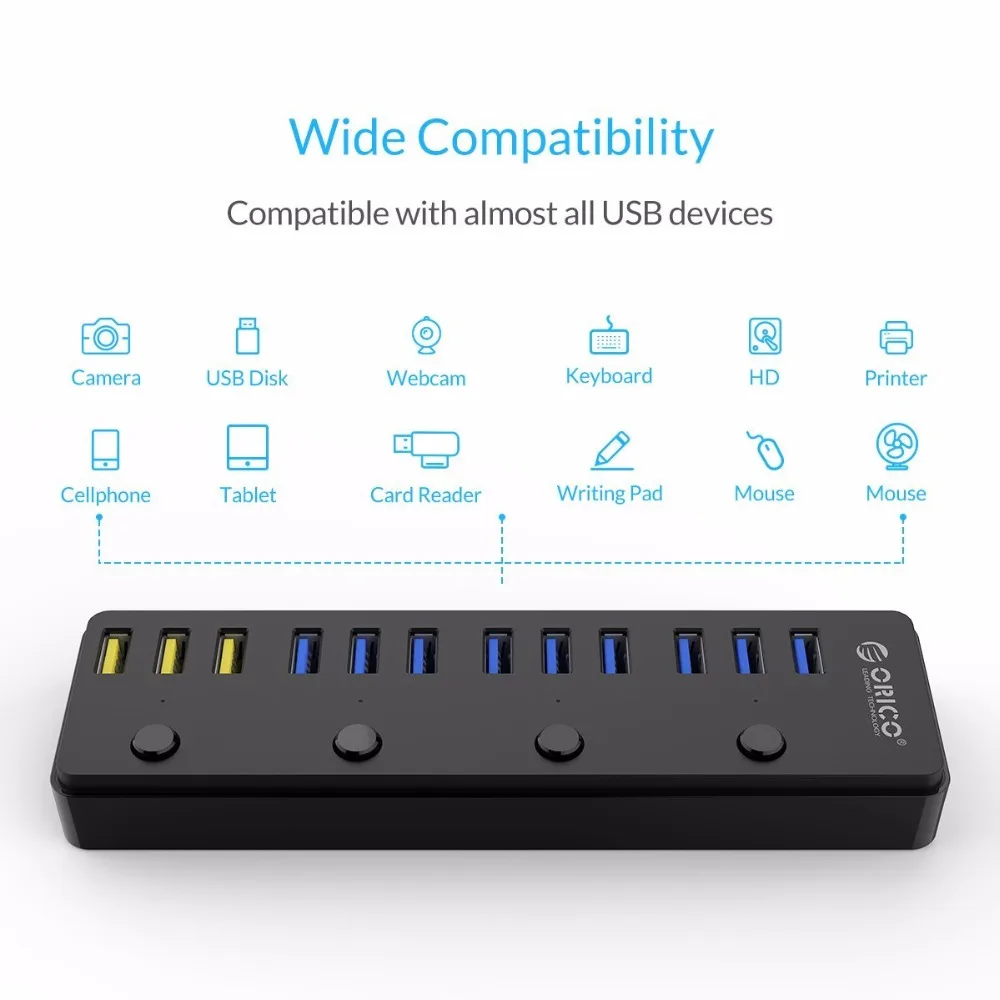 ORICO 60 Вт 12 Порты и разъёмы USB 3 0 концентратор в том числе BC1.2 зарядки 4 Мощность