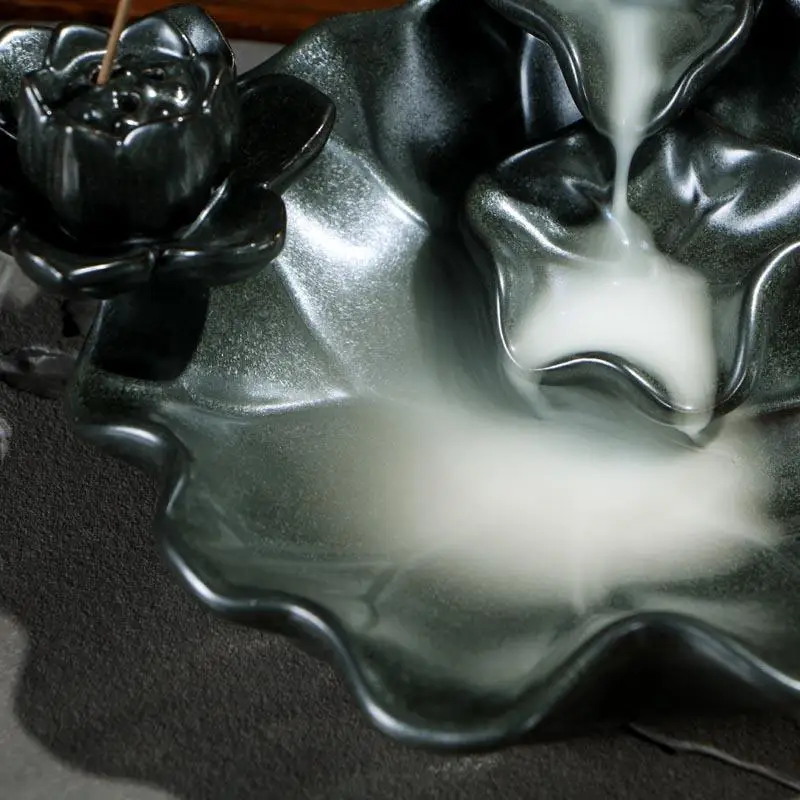 Lotus Leaf Backflow Incense Holder Smoke Waterfall Burner Ceramic Censer Mountain River Handicraft | Дом и сад