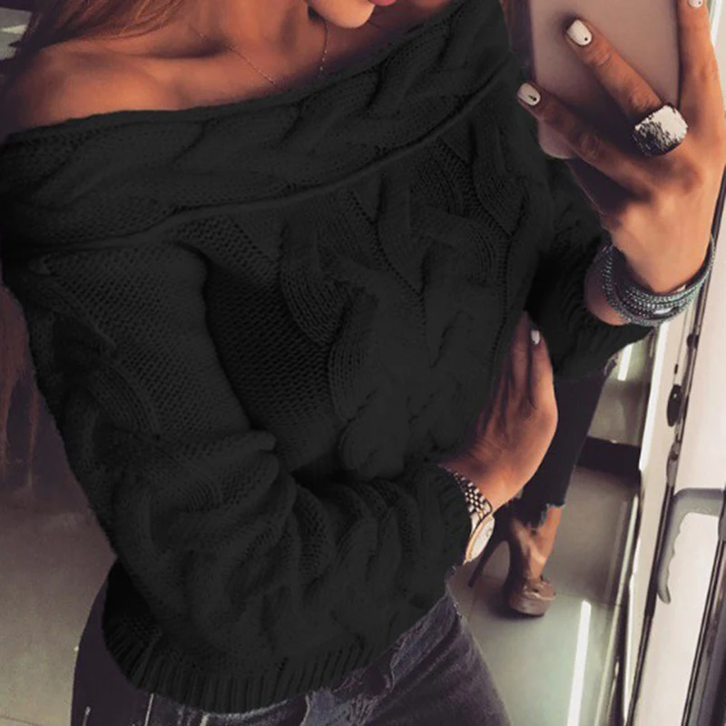 Winter Plus Size Korean Knitted Off Shoulder Streetwear Sweater Neck Long Sleeve Women Sweaters And Pullovers Knitwear | Женская одежда