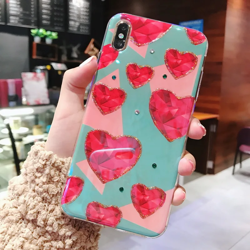 Lovely heart Rhinestone Cases For iPhone XS MAX XR 6 6s 7 8 Plus X Case Transparent Frame TPU Cover Phone Funda Coque Girl |